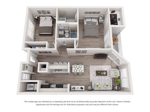 Floor plan for 2 beds, 2 baths, 1036 sqft